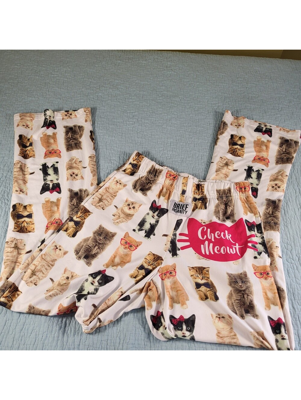 Brief Insanity AM "check Meowt" Women's small Cat Pajama Pants pull-on elastic